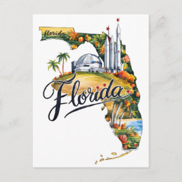 Cartão Postal Florida USA State Shaped Vintage Watercolor