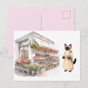 Cartão Postal Florista Gata mãe Amantes de gatos siameses na flo