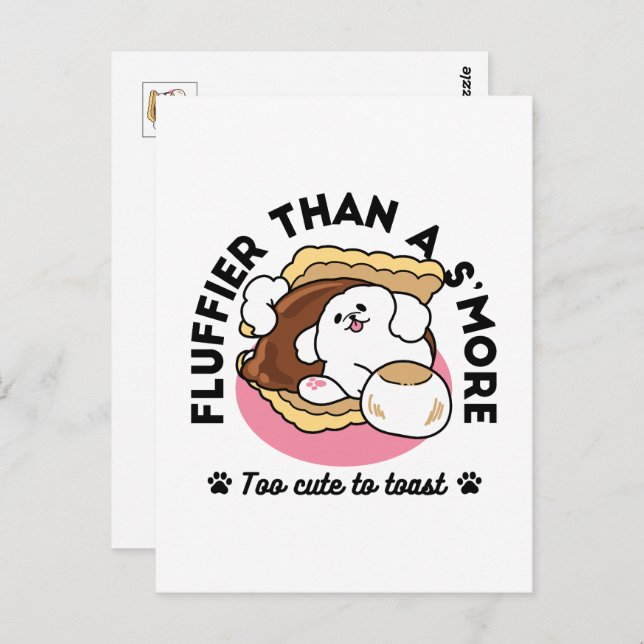 Cartão Postal Fluffier Tha S’more - Cute Dog and Dessert Pun (Frente/Verso)