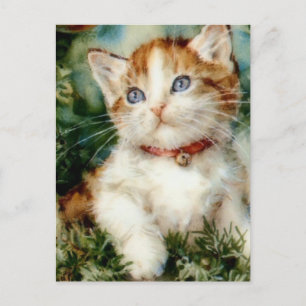Cartão Postal Fluffy natal cat Watercolor