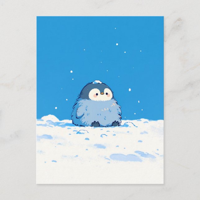 Cartão Postal Fluffy Penguin Chick in Snowy Winter Landscape (Frente)