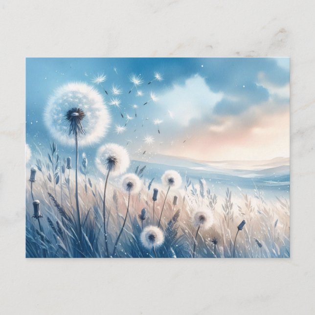 Cartão Postal Fluxo de Dandelion Whimsical no Vento (Frente)