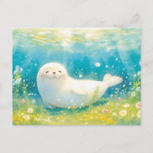 Cartão Postal Foca Branca Sorridente no Oceano Luminoso