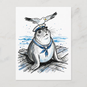 Cartão Postal Foca-comum com gaivota em ilustração de tinta mari