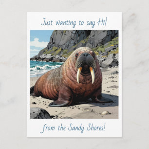 Cartão Postal Foca Cute em uma Praia Arenosa Dizendo Olá
