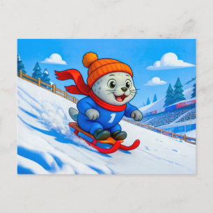 Cartão Postal Foca deslizando em um monte de neve de uma montanh
