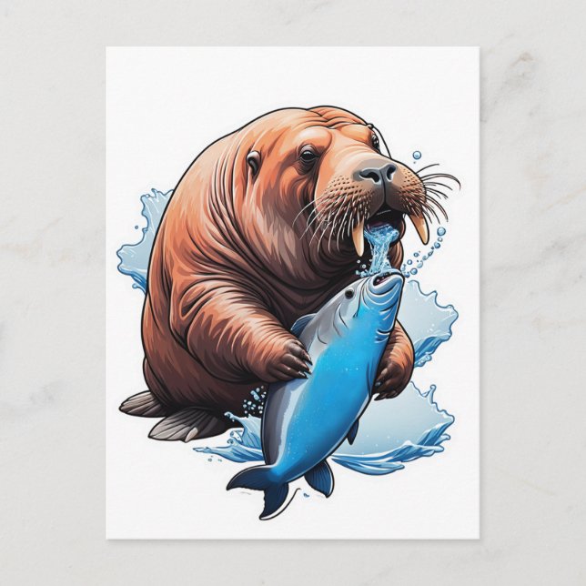 Cartão Postal Foca Morsa Pescando No Mar (Frente)
