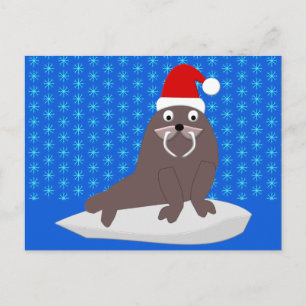 Cartão Postal Foca Natalícia Fofa e Flocos de Neve