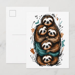 Cartão Postal Fofa Família de Preguiças Empilhadas – Desenho Eng