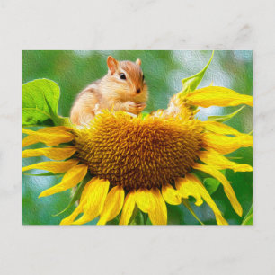 Cartão Postal Fofa Foto Pintura de Girassol Amarelo de Esquilo