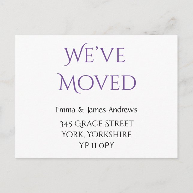 Cartão Postal Fofo Movimentamos Novo Anúncio de Endereço Roxo (Frente)