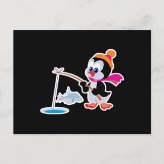 Cartão Postal fofo pinguim pescando no gelo