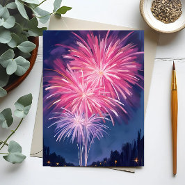 Cartão Postal Fogos de Artifício Rosa | Ano Novo em Aquarela