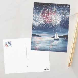 Cartão Postal Fogos Festivos de Aquarela sobre o Lago Feliz 4