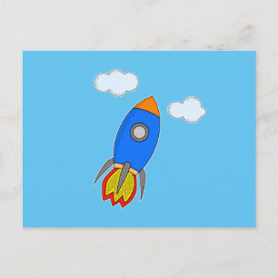 Cartão Postal Foguete Espacial do Cartoon no Céu Azul