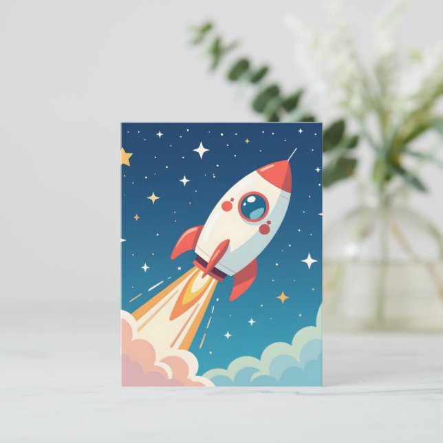Cartão Postal Foguete espacial fofo decolando (Em pé/Frente)
