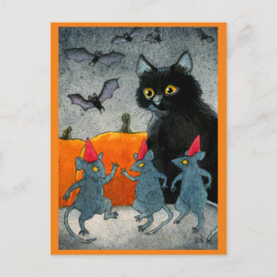 Cartão Postal Foguete Gato Gato Bat Halloween no outono