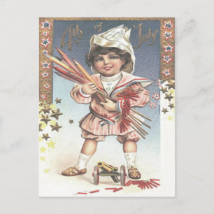 Cartão Postal Foguetes de Garrafa de Menina Fofa Fogos de Artifí