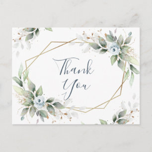 Cartão Postal Folhagem Azul Elegante De Aquarela, Obrigado