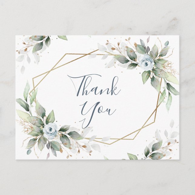 Cartão Postal Folhagem Azul Elegante De Aquarela, Obrigado (Frente)