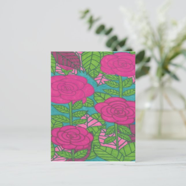Cartão Postal Folhagem Tropical Rosa e Verde e Flores (Em pé/Frente)