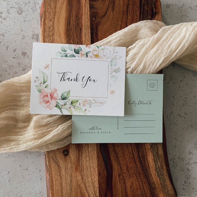 Cartão Postal Folhagem Verde Geométrica Dourada Obrigado (Criador carregado)