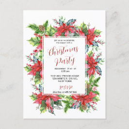 Cartão Postal Folhagens de Natal em aquarela com poinsettia
