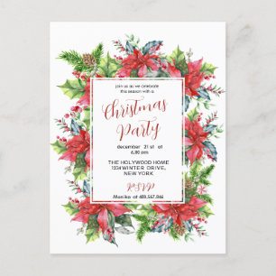 Cartão Postal Folhagens de Natal em aquarela com poinsettia