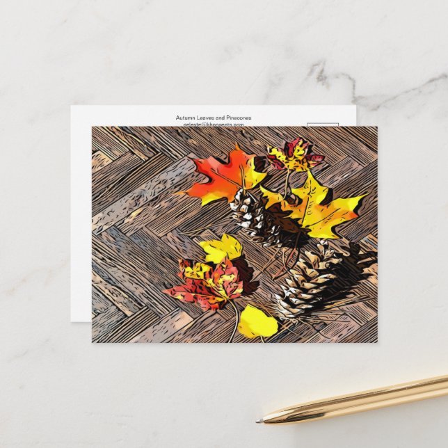 Cartão Postal Folhas de outono e Pinecones (Frente/Verso In Situ)