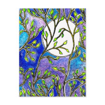 Folhas e Lua - Cores Aquáticas Azuis