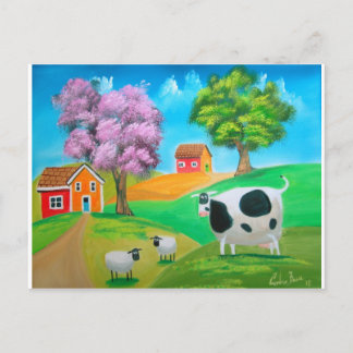 Cartão Postal Folheto e pintura colorida de vaca e ovelha