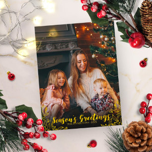 Cartão Postal Foliação Fofa Folha Dourada Script Foto Natal