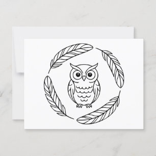 Cartão Postal Folk Owl Line Art cercado por Penas