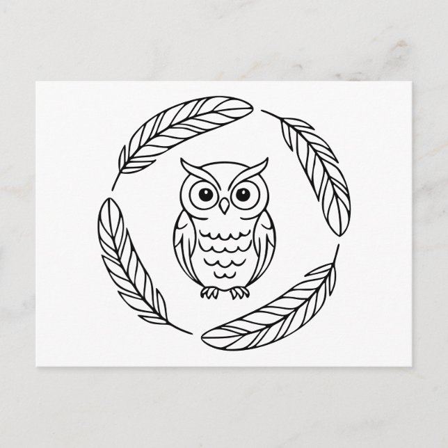 Cartão Postal Folk Owl Line Art cercado por Penas (Frente)