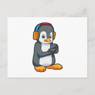 Cartão Postal Fone de ouvido para música pinguim