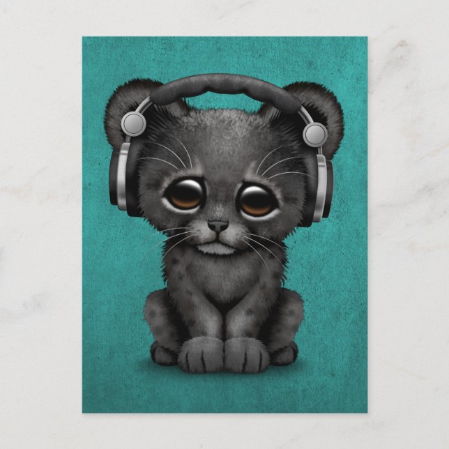 Cartão Postal Fones de ouvido Vestidos De Cubo Preto-Cachorro Dj (Frente)