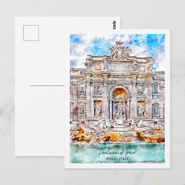 Cartão Postal Fontana di Trevi Roma Viagem da Watercolor (Frente/Verso)