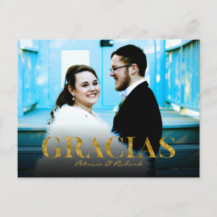 Cartão Postal Fonte de Folha Dourada Gracias Casamento Obrigado 