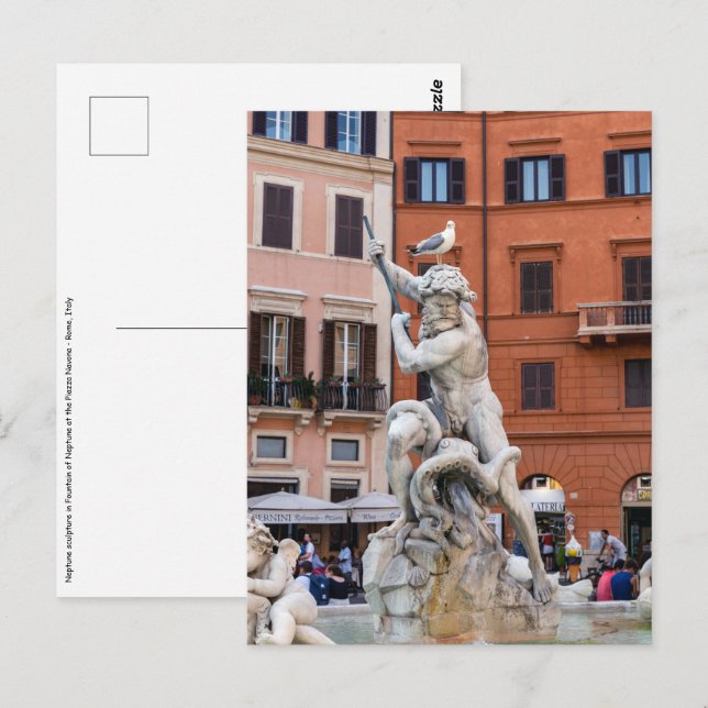 Cartão Postal Fonte de Netuno na Piazza Navona - Roma (Frente/Verso)