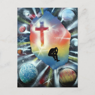 Cartão Postal Forlorn Figure Colorful Universe Cross