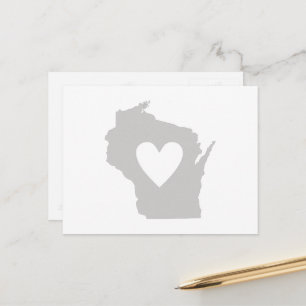 Cartão Postal Forma de Mapa de Cinzas de Wisconsin com Coração