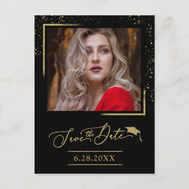 Cartão Postal Formando de Script Chic Salvar a Data Dourada Glit (Frente)