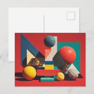 Cartão Postal Formas Geométricas Coloridas sobre Fundo Vermelho