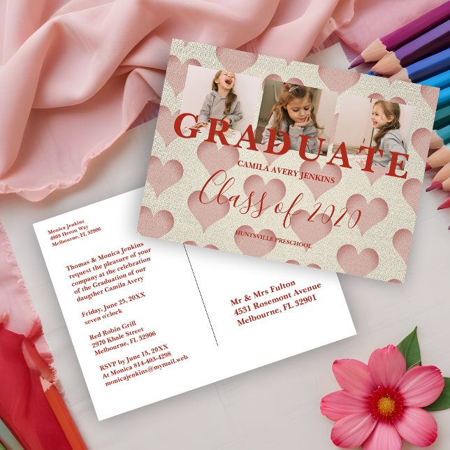 Cartão Postal Formatura da Pré-Escola Hearts 3 Fotos Textura de  (Hearts Pre-K Graduate Three Photos Textile Texture Invitation Post Card.)