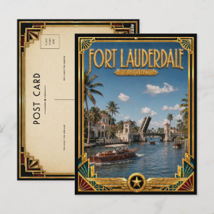Cartão Postal Fort Lauderdale Flórida Arte Deco Vintage Dourado