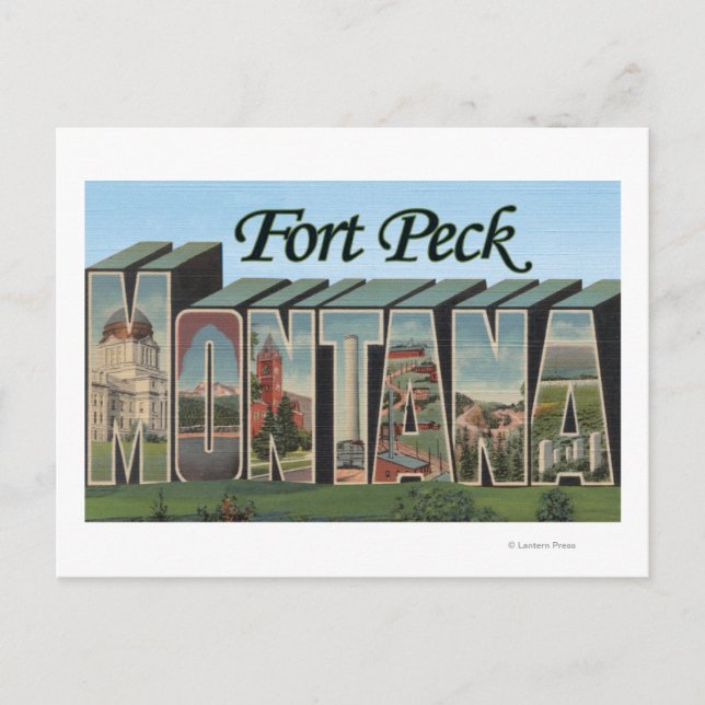 Cartão Postal Fort Peck, Montana - Cenas com letras grandes (Frente)