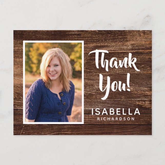 Cartão Postal Foto Agradecimento de Formatura | Madeira Rústica (Frente)