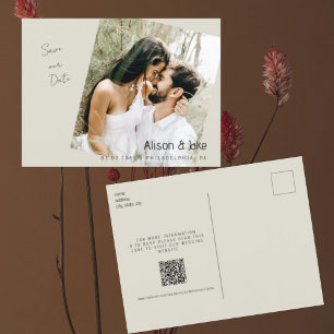 Cartão Postal Foto Beige Salvar a data Casamento Código QR