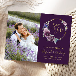 Cartão Postal Foto Boho Purple Floral Vazio Salvar a Data