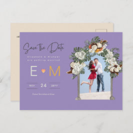 Cartão Postal Foto Casamento Economize a Data Roxo Dourado Flora